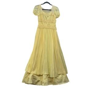 Vtg New York Creation Lace Trim Square Neck Yellow Dress Sheer *No Size Tag